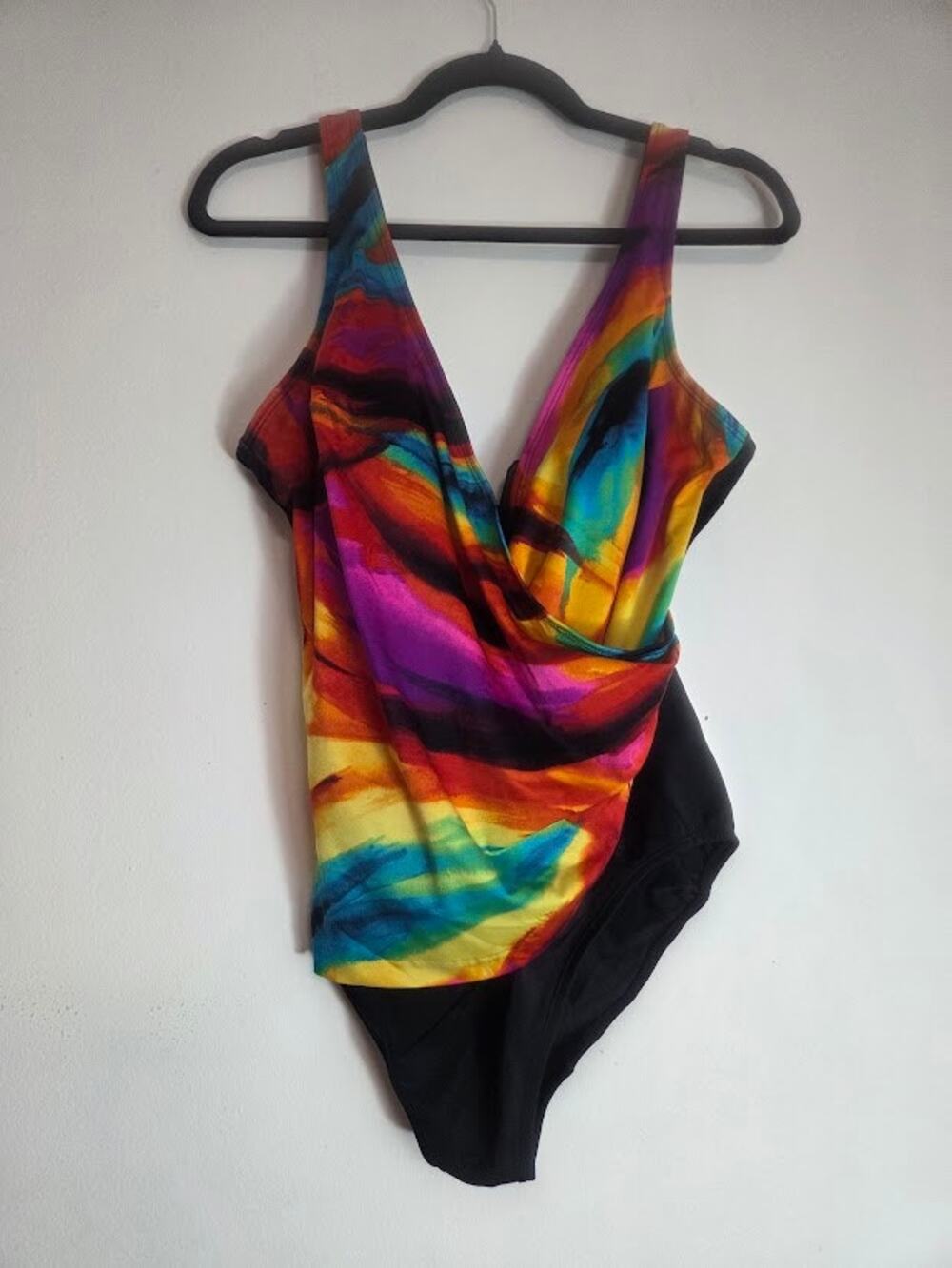 Longitude Black w/Red Purple Tie Dye Wrap 1 Piece Shapewear Swimsuit size 14
